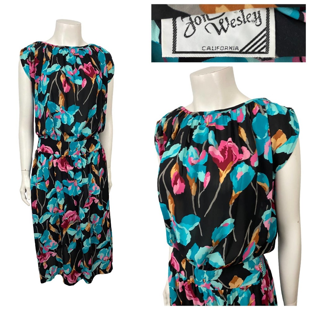 1980s Bright Floral Semi Sheer Light Summer Dress / Women’s Small